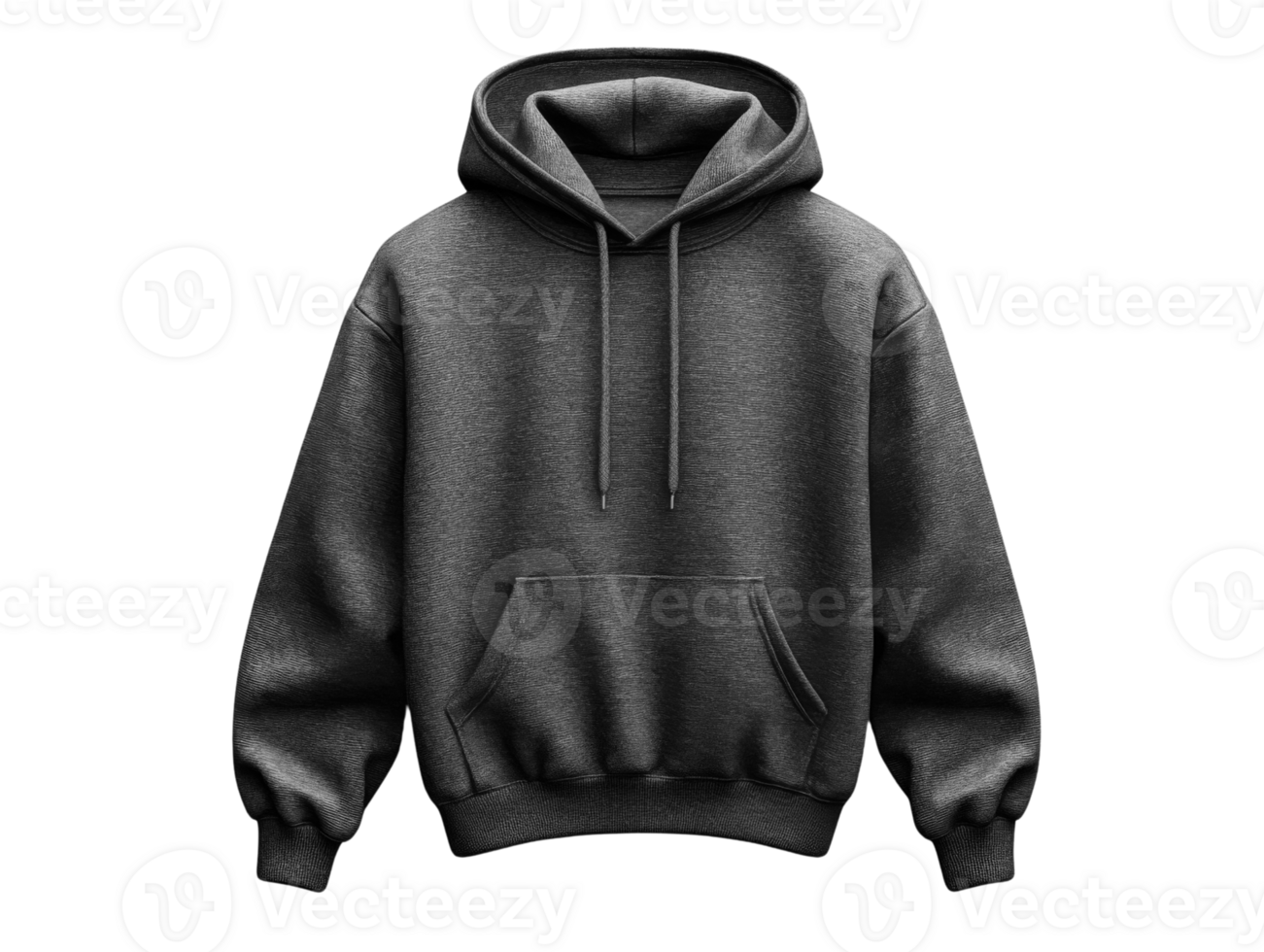 Hooded sweatshirt in dark gray color with front pocket and drawstrings png