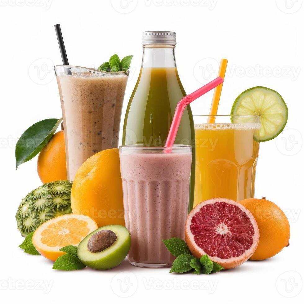 Various fruits and juices in glass with straws photo