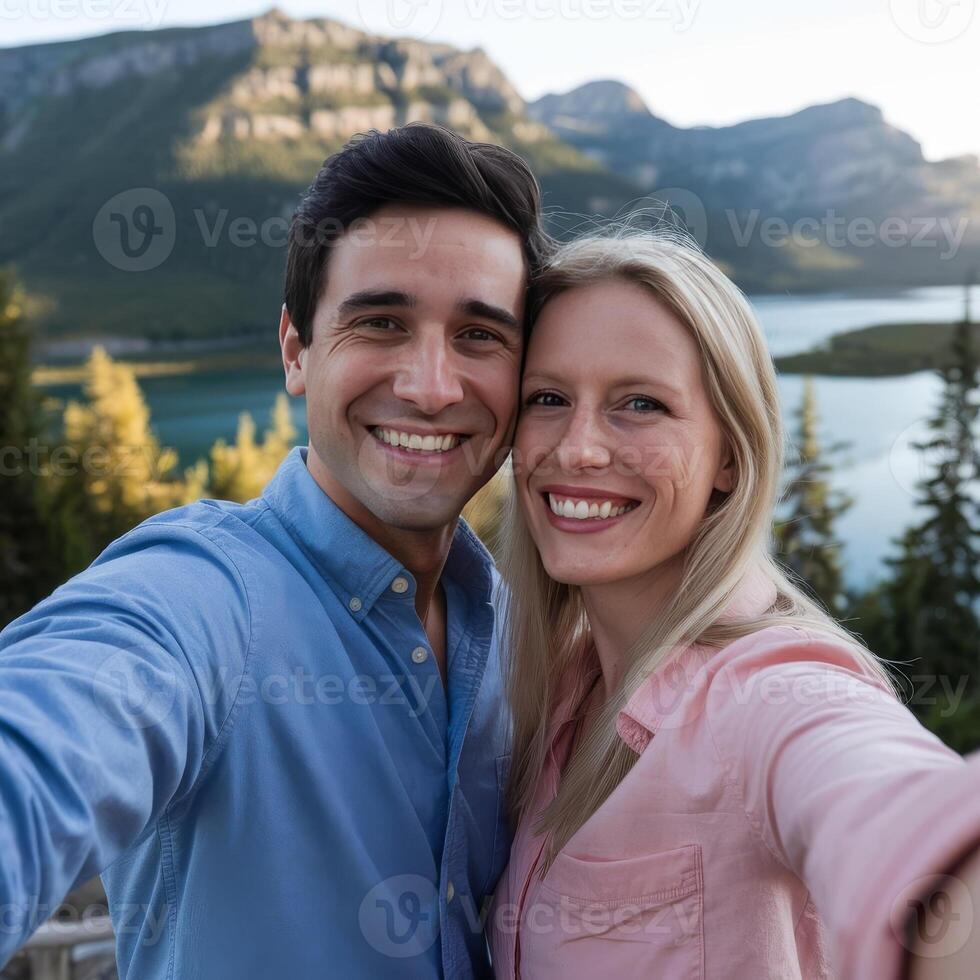 A couple taking a selfie in front of a mountain lake photo