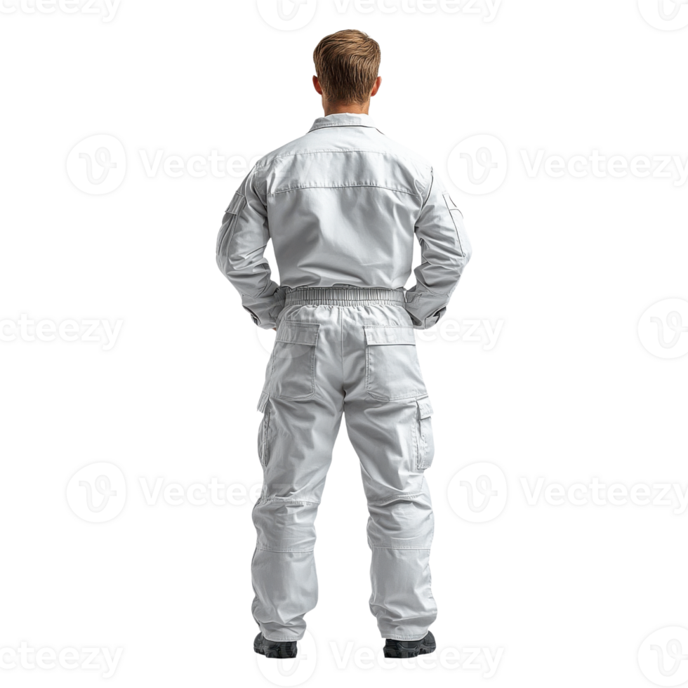 person wearing white uniform stands with their back facing viewer, exuding sense of readiness and professionalism png