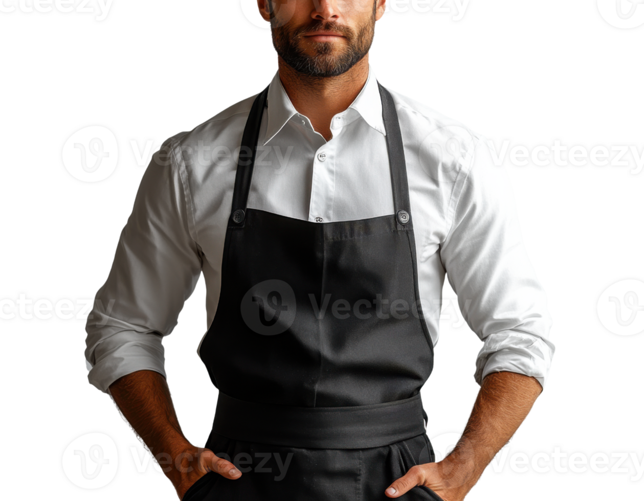 man wearing black apron over white shirt, exuding confidence and professionalism in culinary setting png