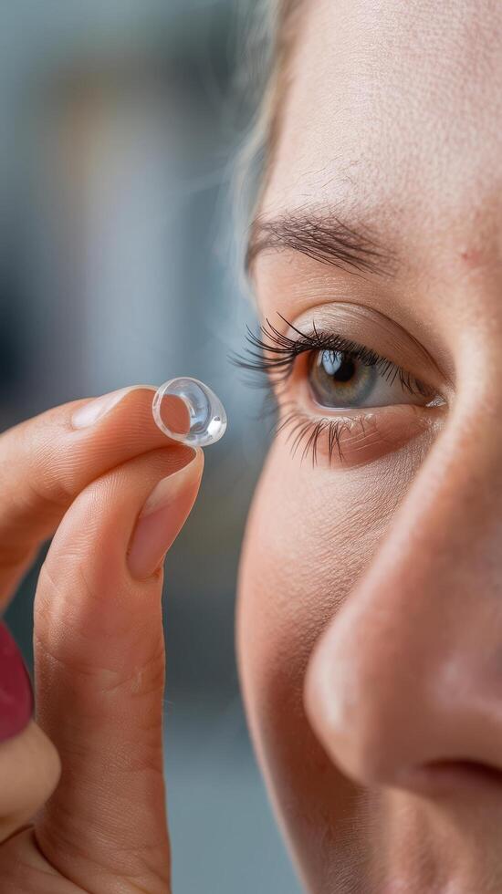 A woman inserts a contact lens into her eye face closeup eye diseases myopia and astigmatism photo