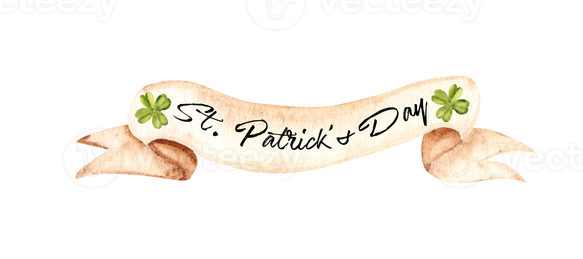 Beige folded Banner for St. Patrick Day. Vintage Ribbon with text and four leaf lucky Clover. Hand drawn Watercolor illustration. png