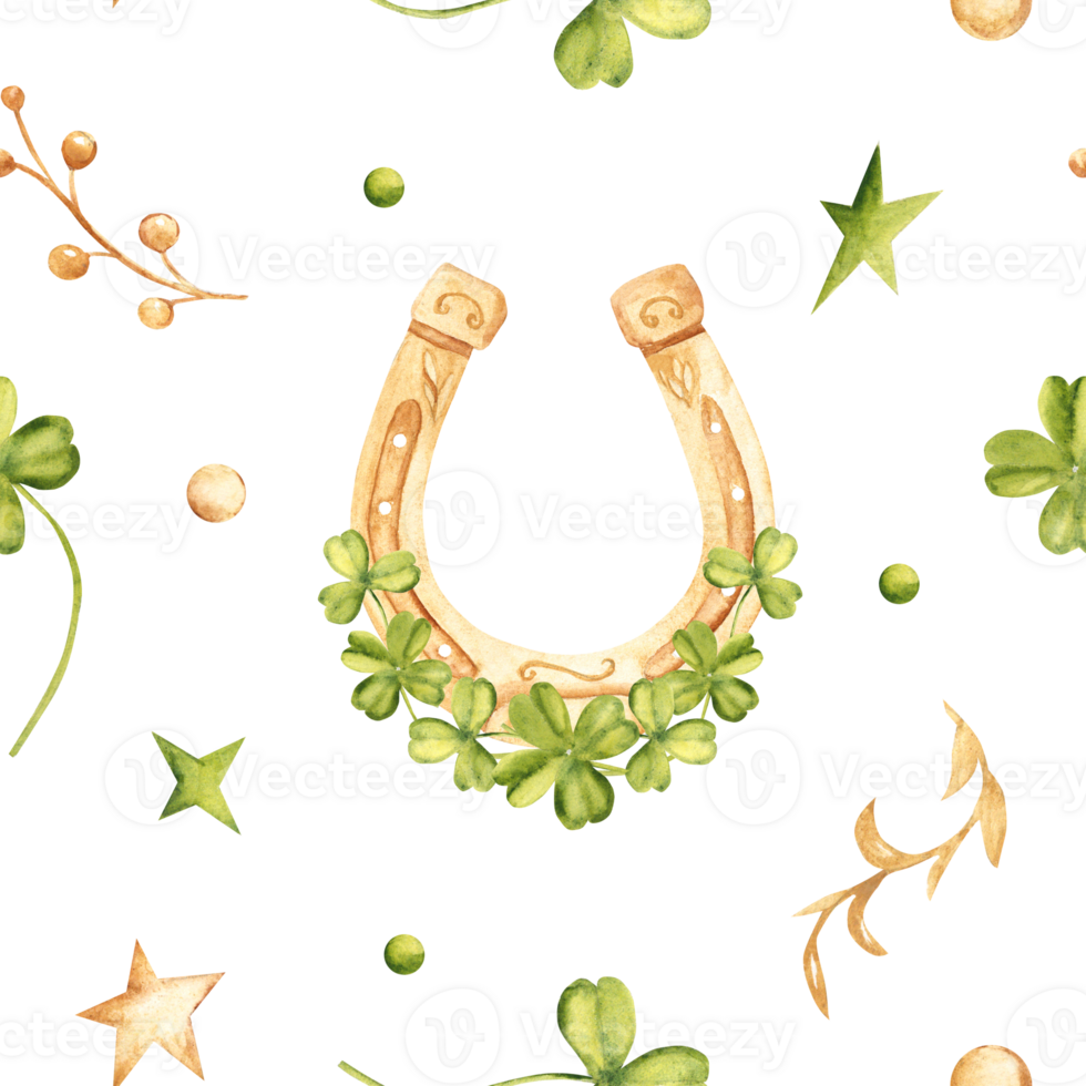Lucky Seamless Pattern with Golden Horseshoe, Clover, Shamrock and green and golden Branches and stars. Watercolor hand drawn illustration. For St. Patricks day png