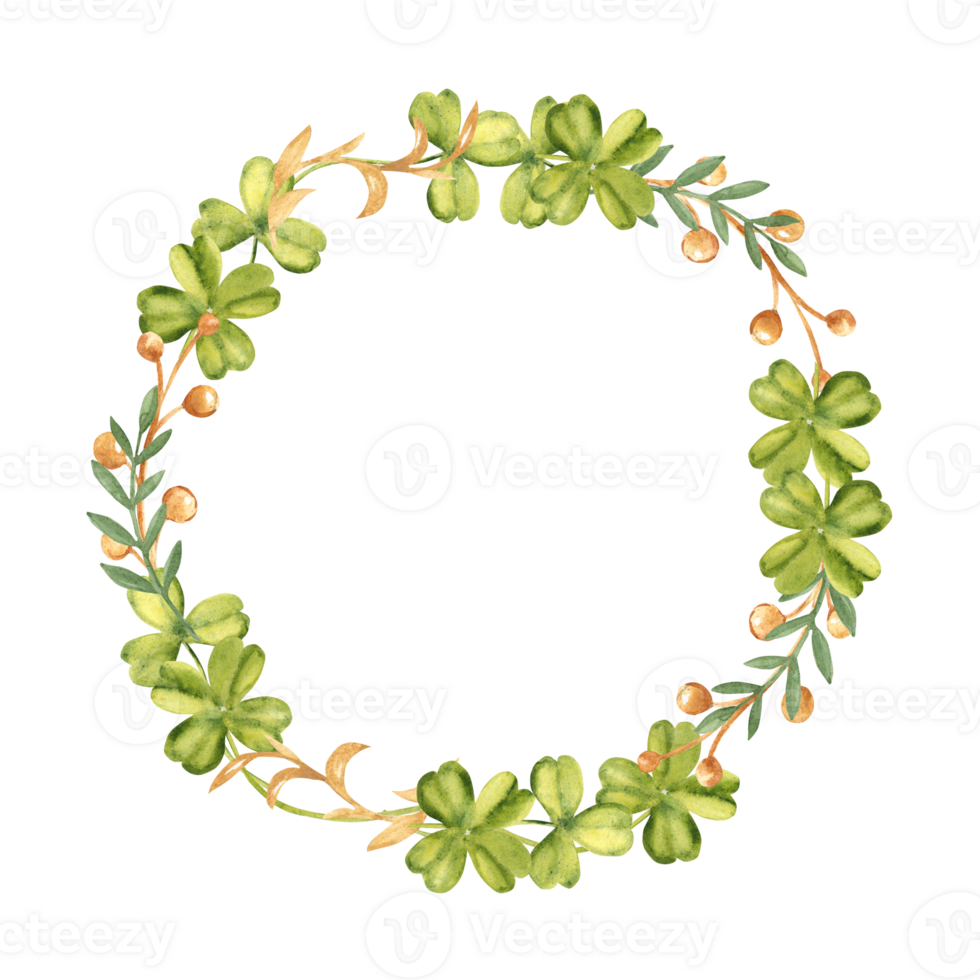 Clover and Golden Branches Wreath, Round frame, border. Watercolor hand drawn Lucky Shamrock illustration. Celtic symbol for St. Patricks day designs. png