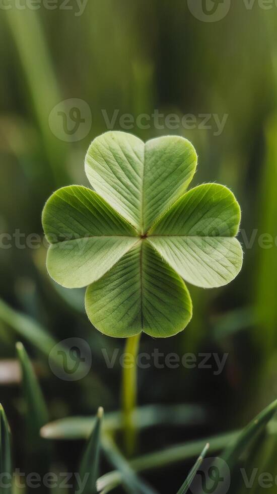 A four leaf clover is shown in the grass photo