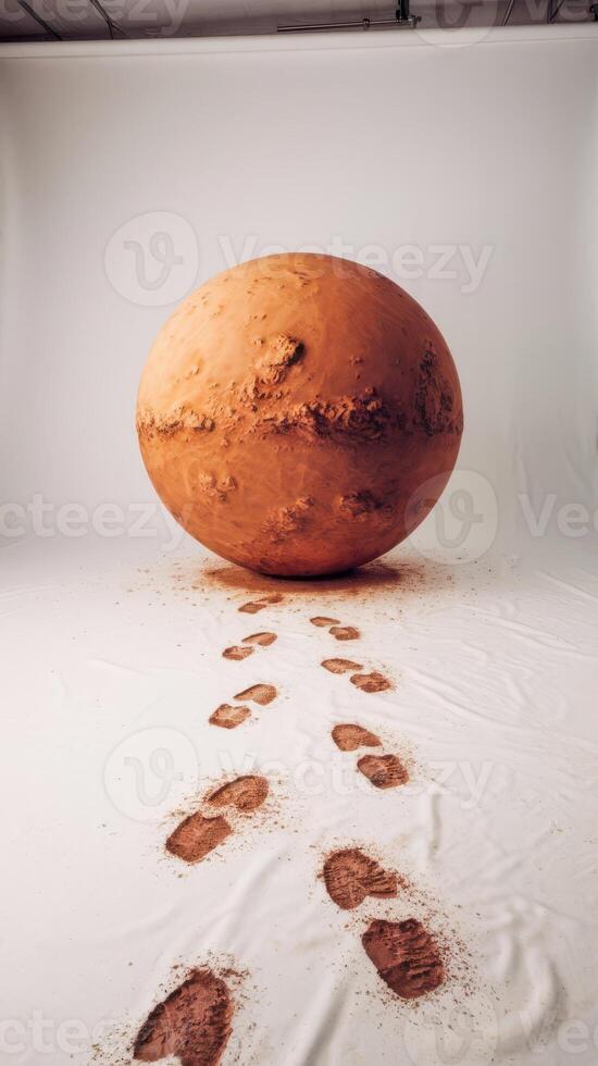 A large brown ball with footprints in the sand photo