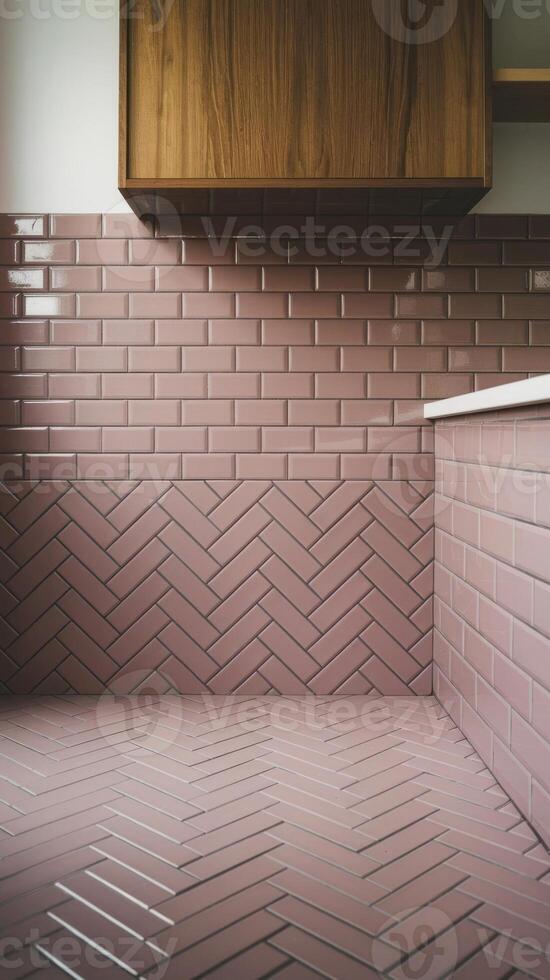 A kitchen with pink tile and wooden cabinets photo
