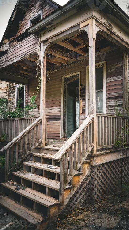 An old house with steps leading to the front door photo