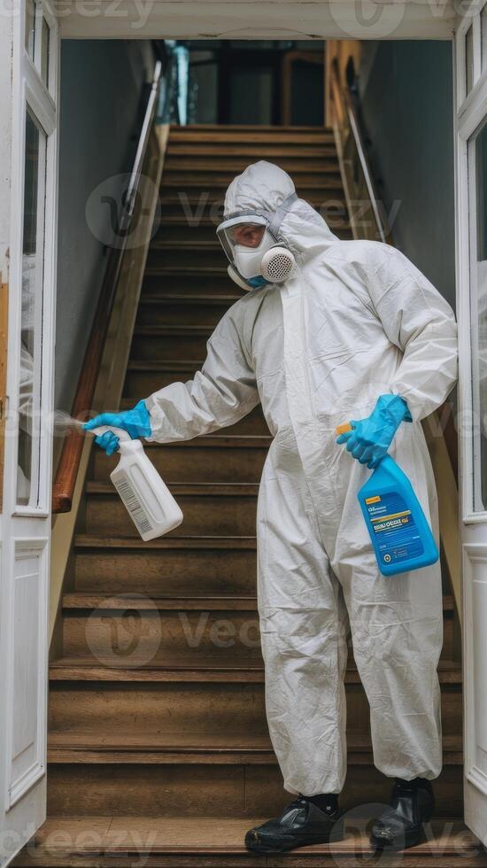 A man in protective clothing spraying disinfectant on stairs photo