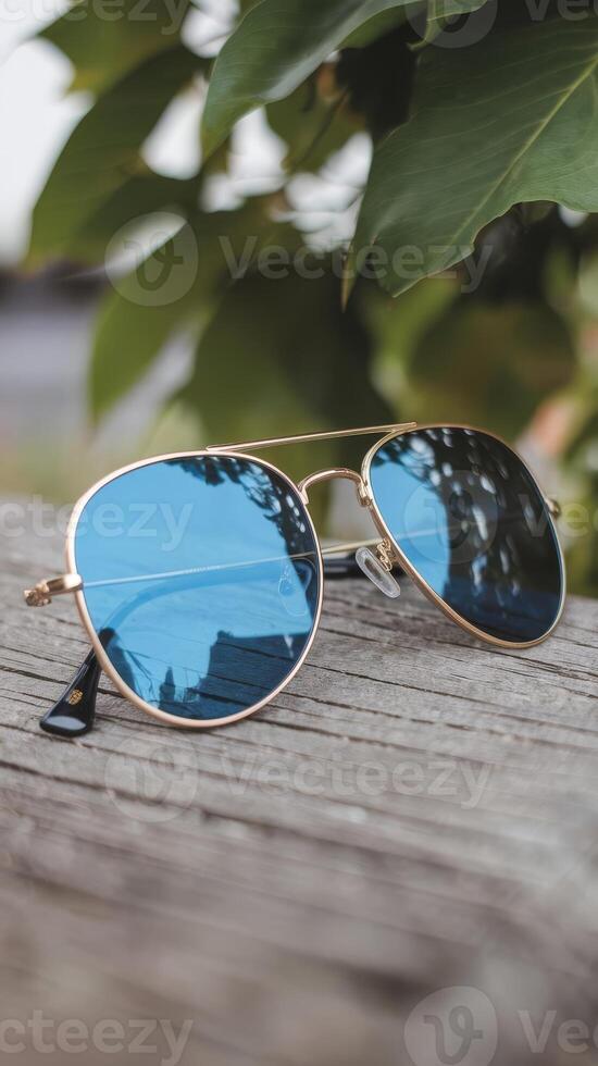 Gold aviator sunglasses with blue mirrored lenses photo