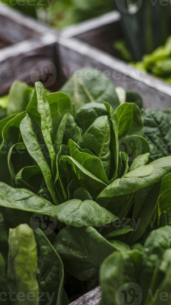 A close up of a bunch of spinach in a wooden box photo