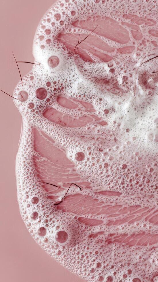 Abstract white foam of soap or shampoo or cleanser on pink background photo