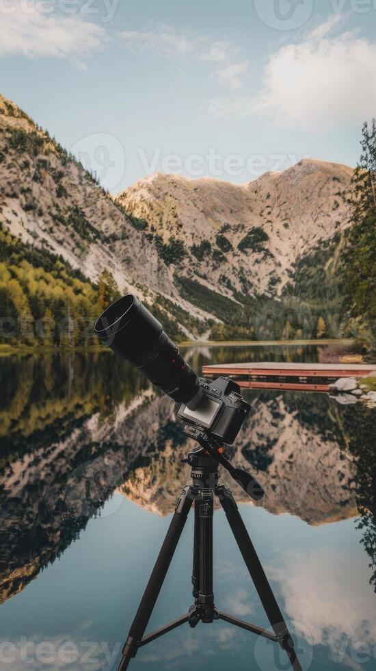A tripod and a camera on a lake photo