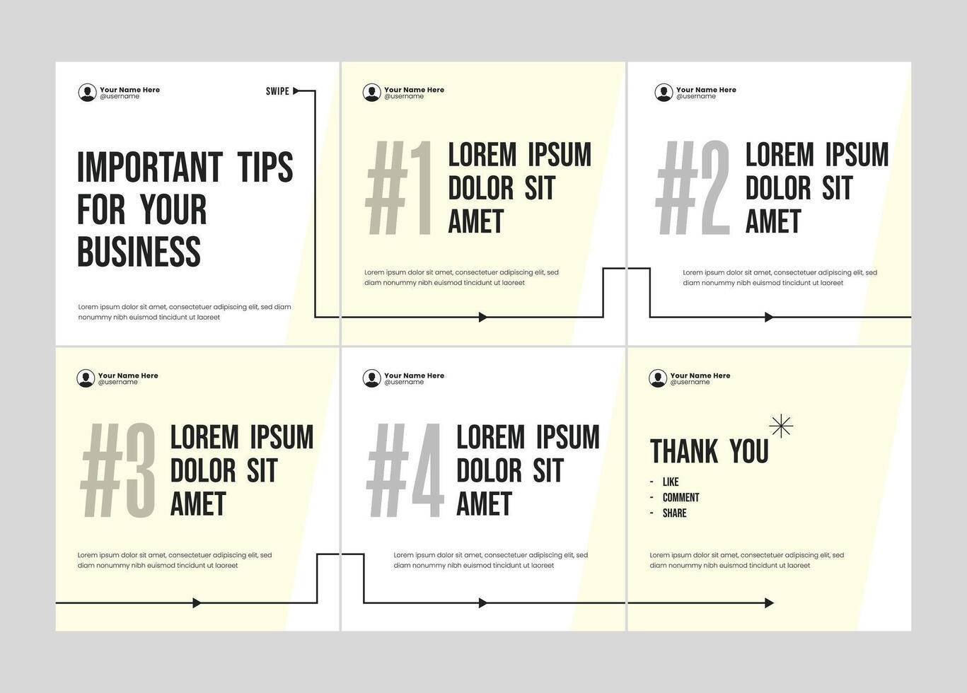 Microblog carousel slides template for social media. business marketing social media post bundle for tips sharing, ads posts set, influencer blog posts design, motivational text quotes template vector