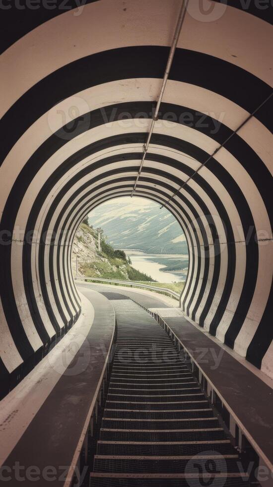 A tunnel with stairs leading to the ocean photo