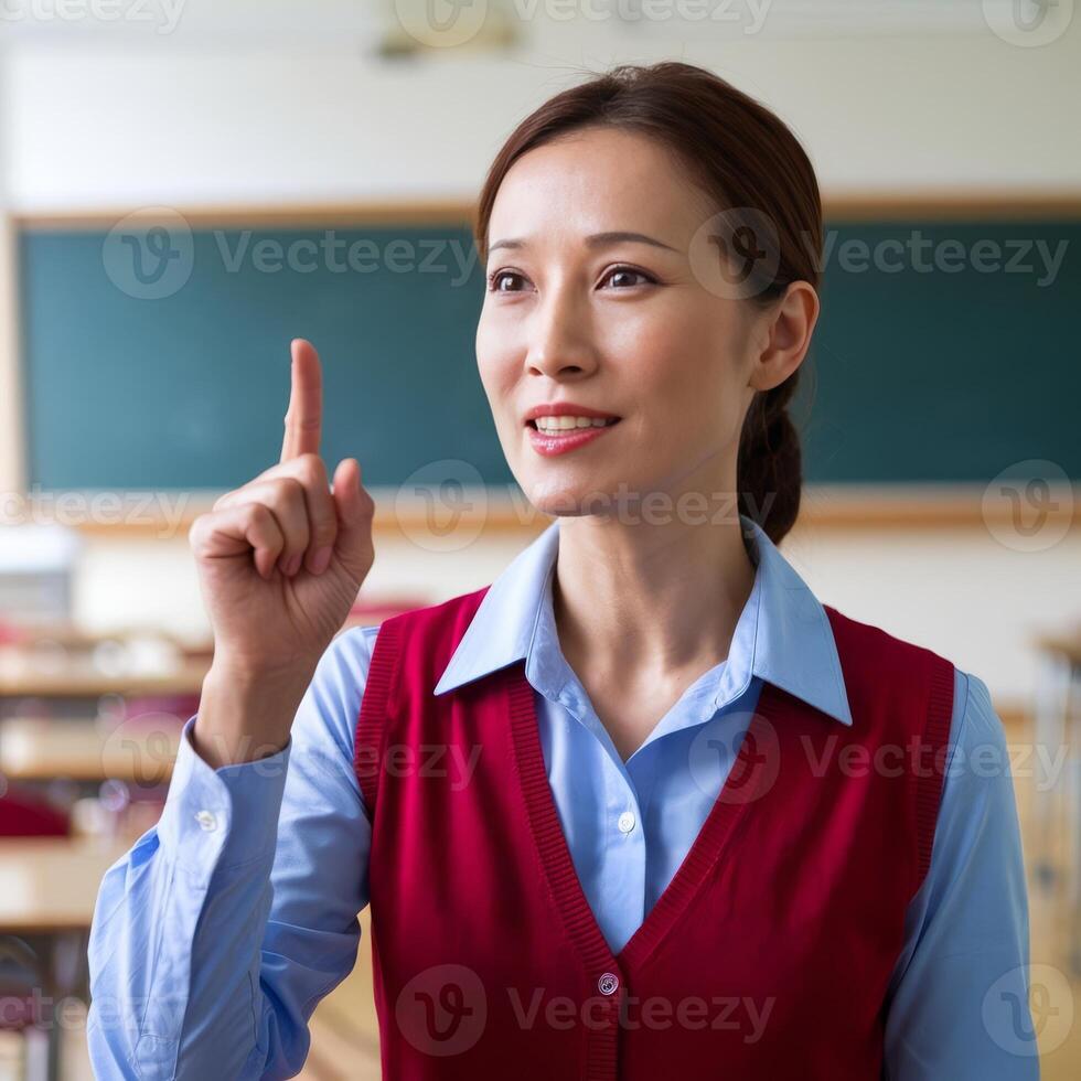 A woman in a classroom pointing to something photo