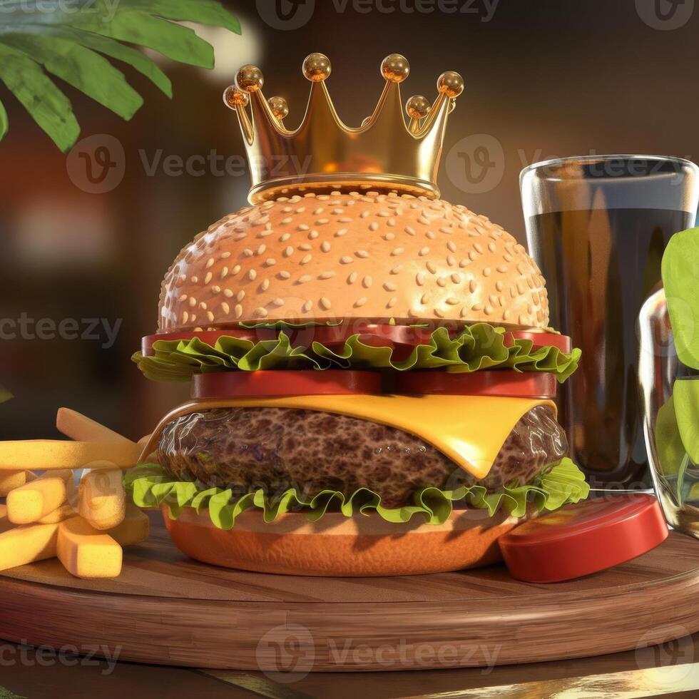 A hamburger with a crown on top and fries photo
