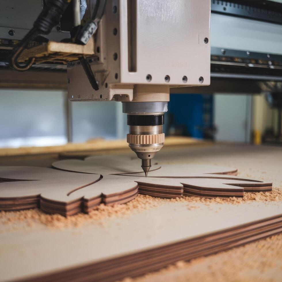 Closeup shot of machine with numerical control cuts wood cnc tool photo