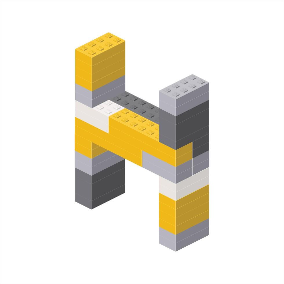 Letter H in isometric view assembled from plastic blocks. vector