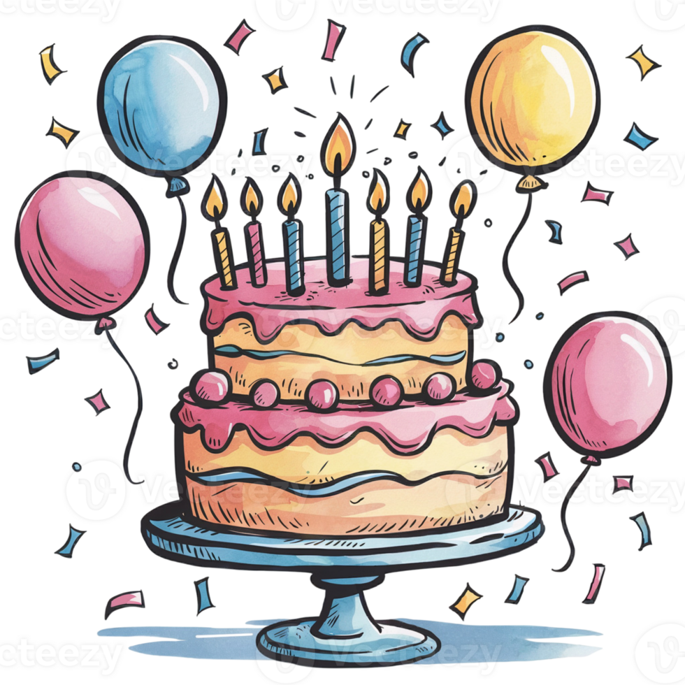 A colorful birthday cake with pink icing is adorned with nine lit candles cutouts png