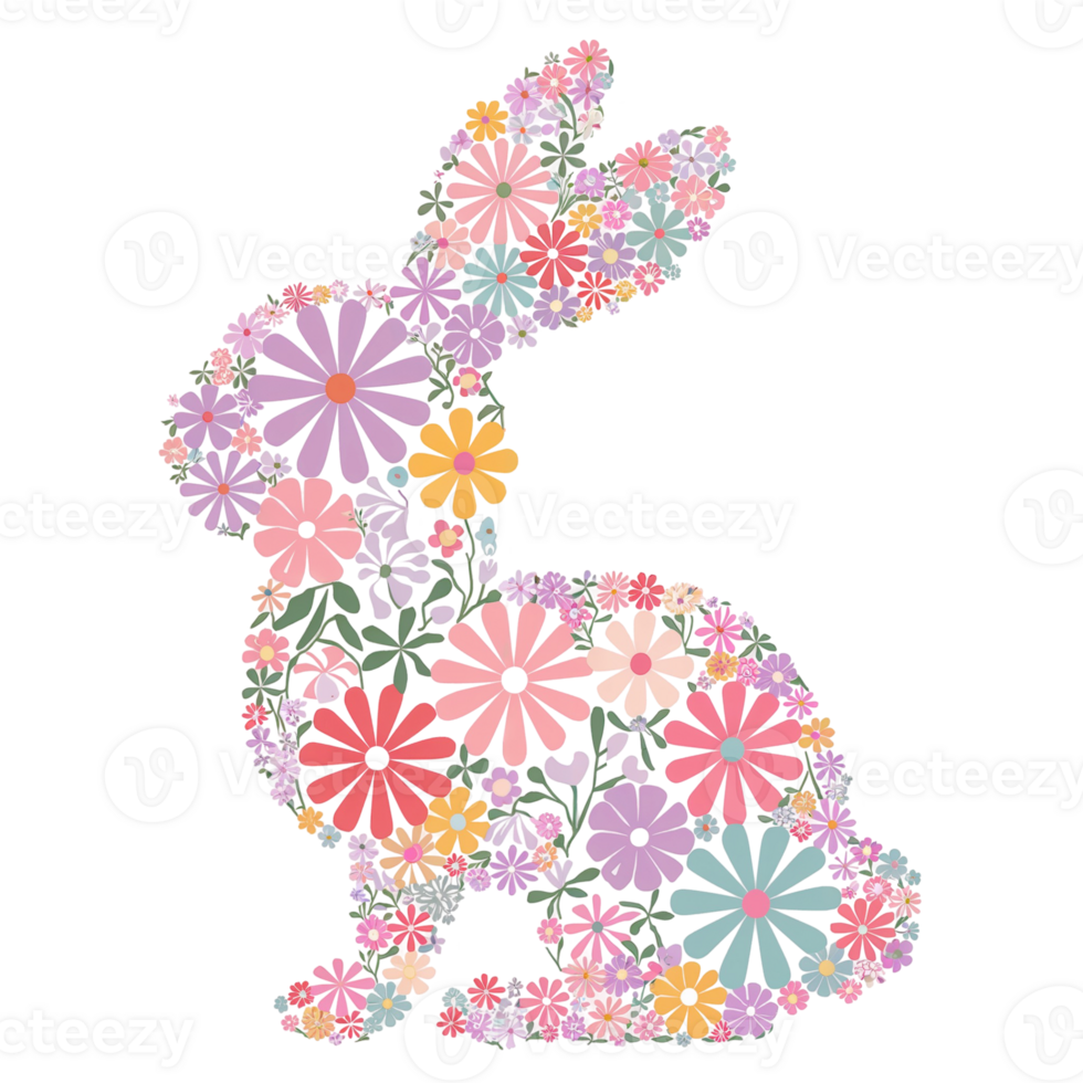 A silhouette of a rabbit is artfully composed of various colorful flowers, cutouts png