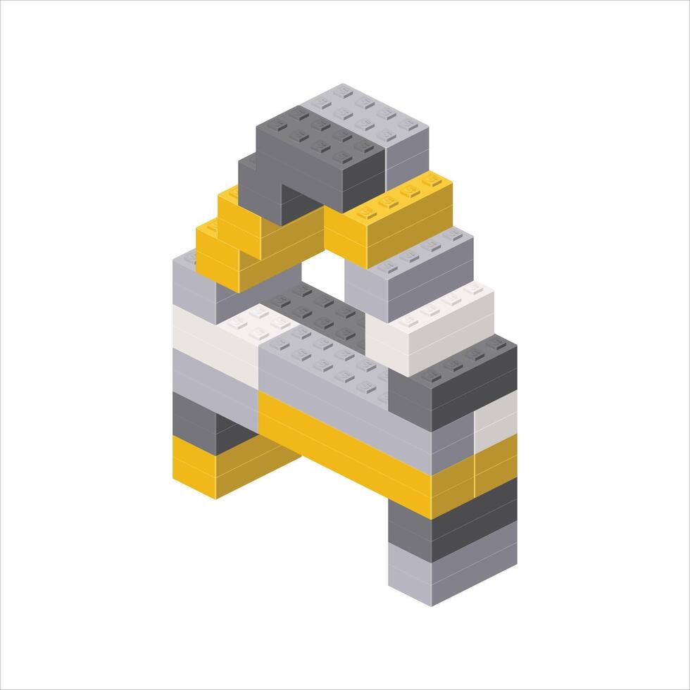 Letter A in isometric view assembled from plastic blocks. vector