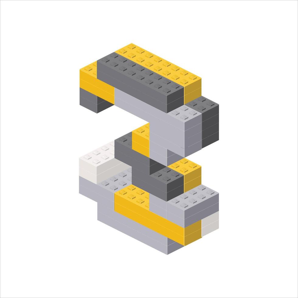 Number 3 in isometric view assembled from plastic blocks. vector