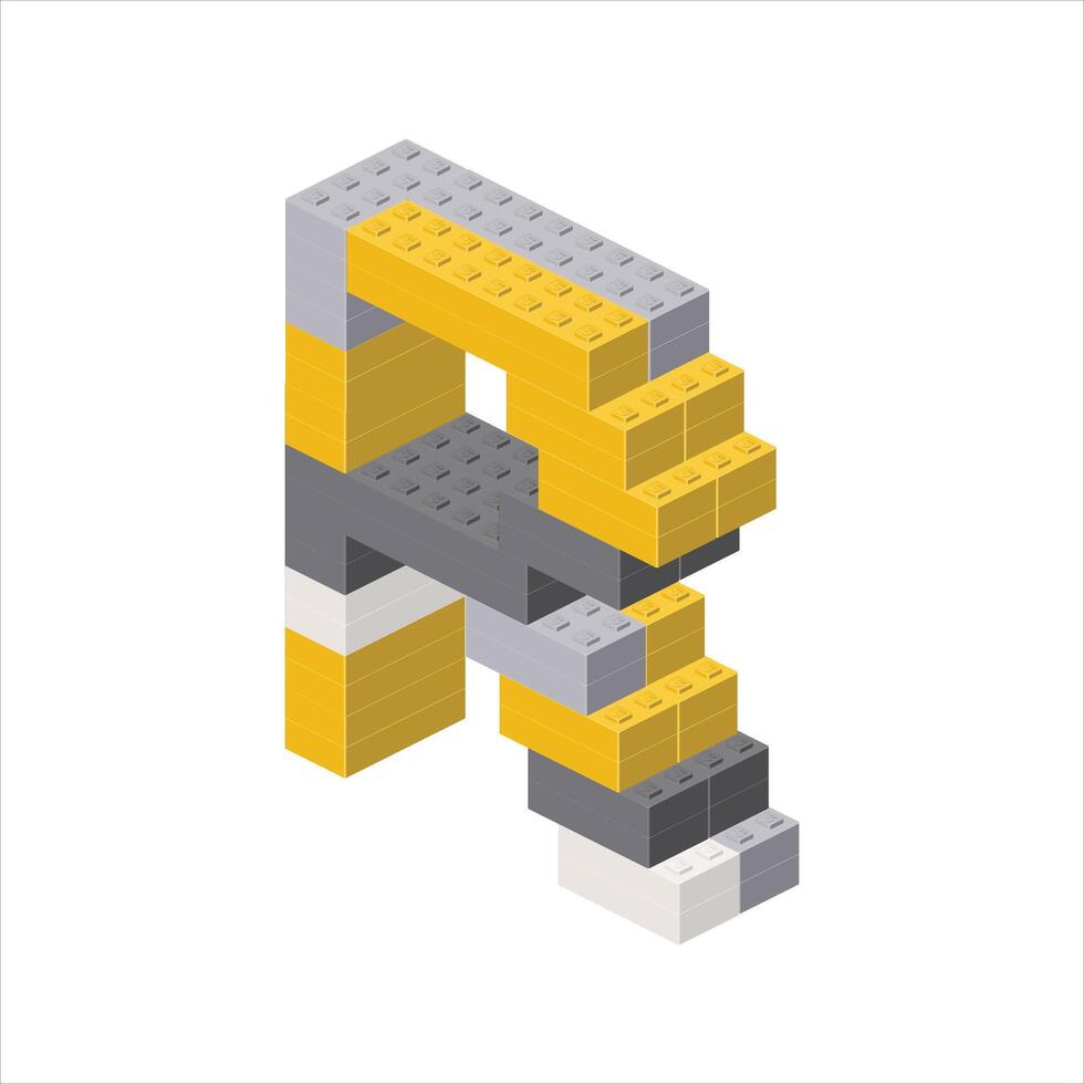 Letter R in isometric view assembled from plastic blocks. vector