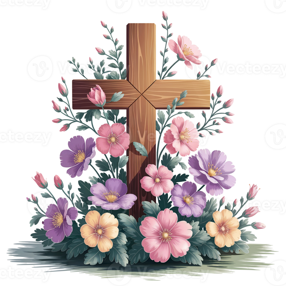 A wooden cross is surrounded by an array of colorful, blooming flowers, creating a harmonious and peaceful scene cutouts png