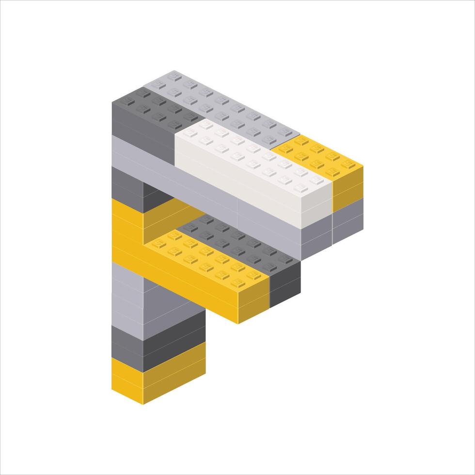 Letter F in isometric view assembled from plastic blocks. vector