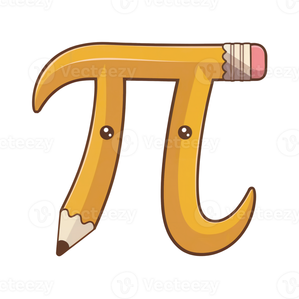 A whimsical design features the mathematical symbol pi transformed into a pencil with anime-style eyes cutouts png
