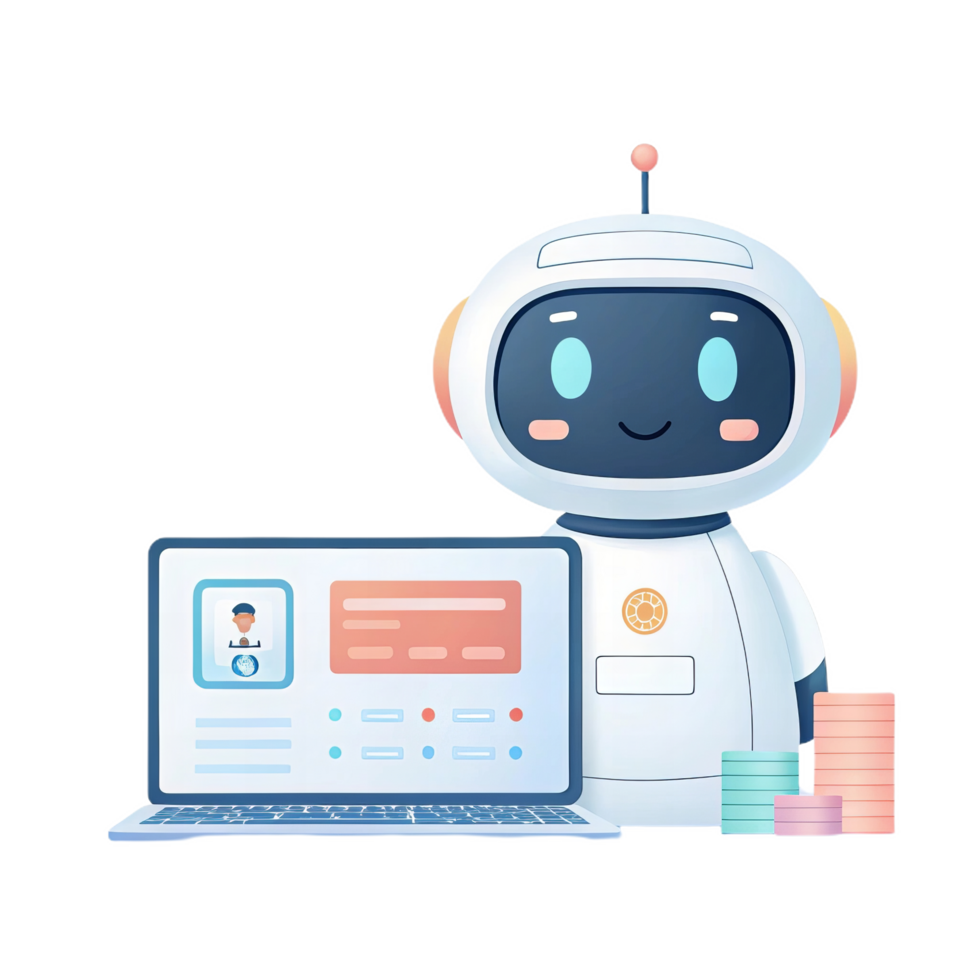 friendly robot personal finance assistant managing finances on laptop, surrounded by colorful coins. This conveys sense of ease and modern technology in financial management png