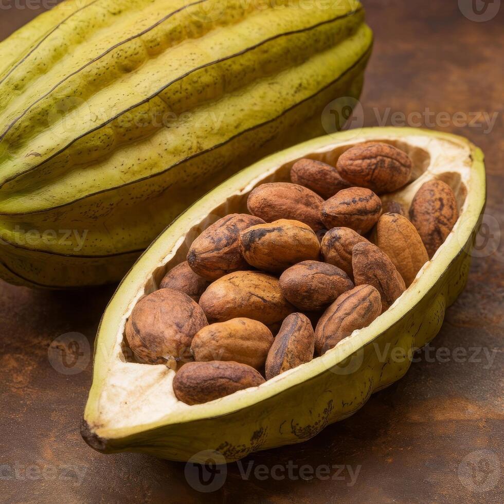Cocoa beans and cocoa nuts on a rustic background photo