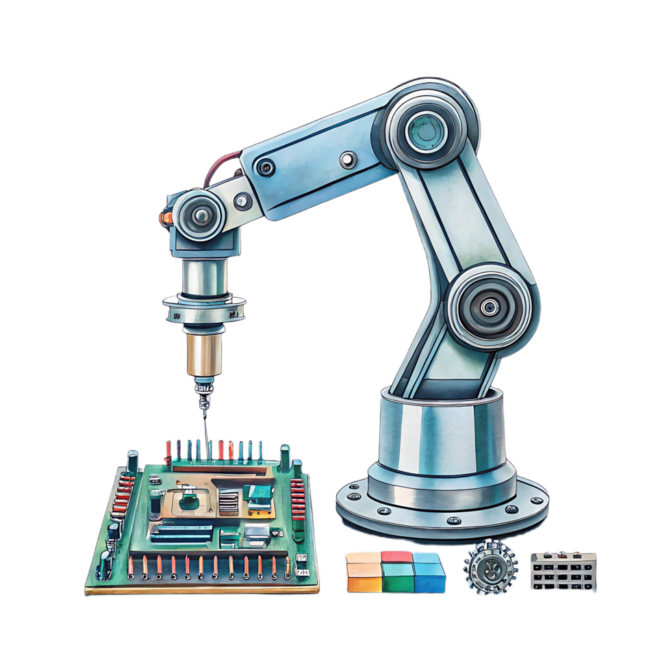futuristic robotic arm assembling electronic components on circuit board, showcasing advanced technology and precision in manufacturing png