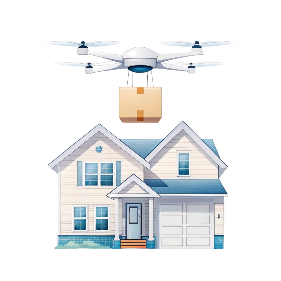 drone delivering package above modern house, showcasing technology and convenience in home delivery. This highlights innovation in logistics and residential life png