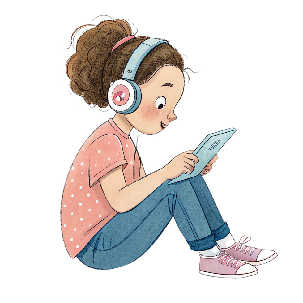 young girl with curly hair is sitting cross legged, wearing headphones and focused on tablet. She appears engaged and happy while using technology for learning png