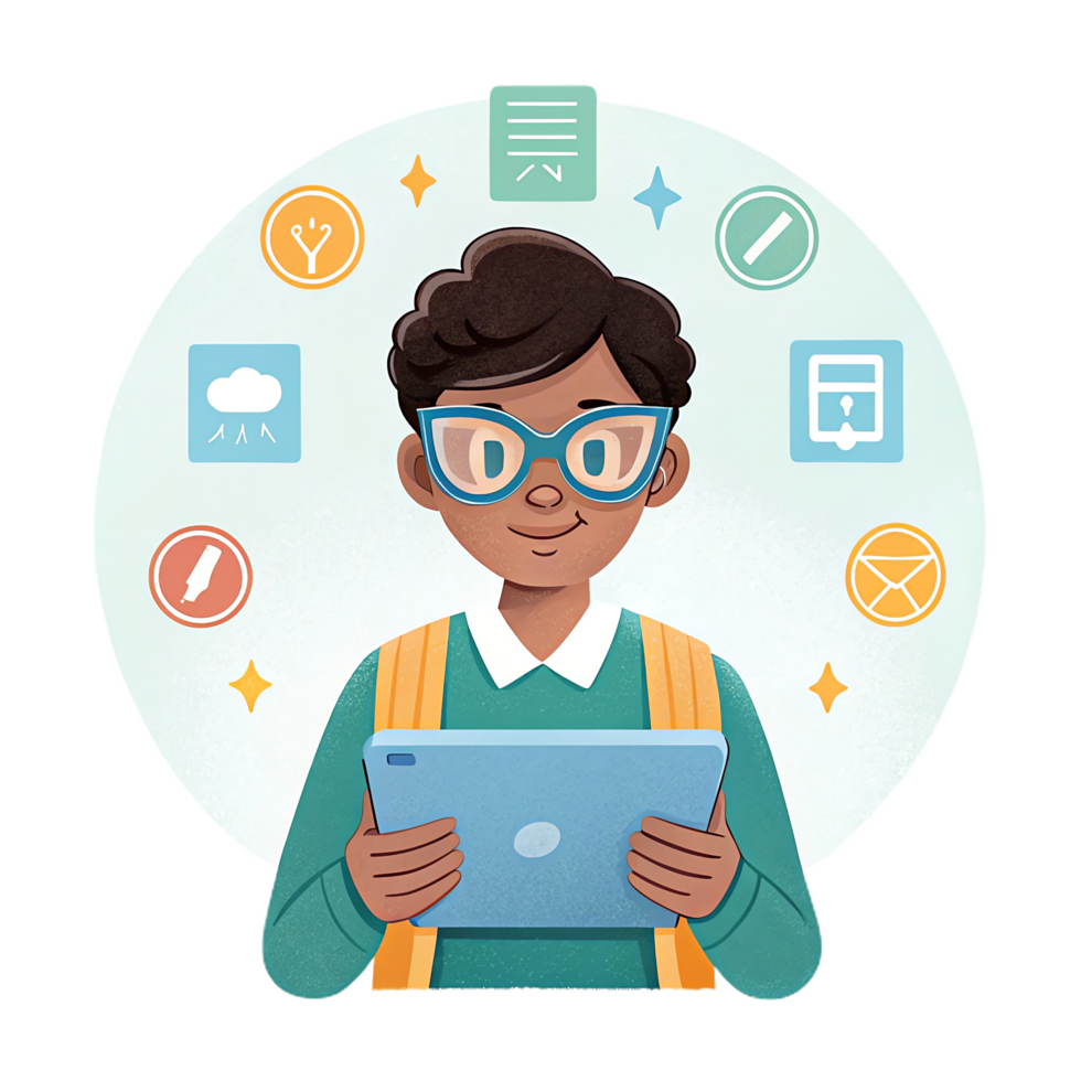 student wearing smart glasses, interacting with tablet, showcasing technology and learning. background features various icons representing digital tools and resources png