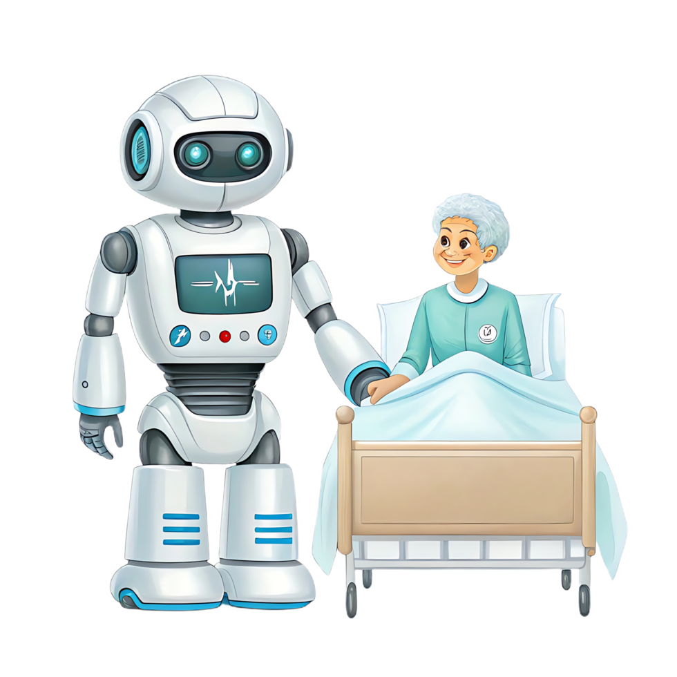 friendly healthcare robot assisting elderly patient in hospital setting, showcasing advanced technology and compassionate care. robot design emphasizes its supportive role in healthcare png