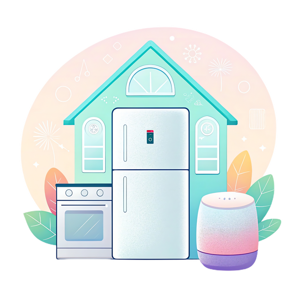 modern home with refrigerator, stove, and smart speaker, showcasing high tech kitchen environment. design features soft colors and cozy atmosphere, perfect for smart home png