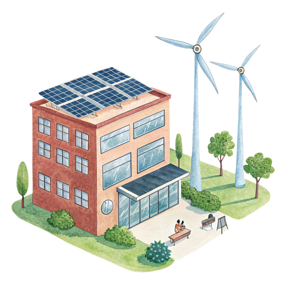 Sustainable office building with solar panels and wind turbines, showcasing eco friendly design and renewable energy sources. serene environment with greenery enhances atmosphere png