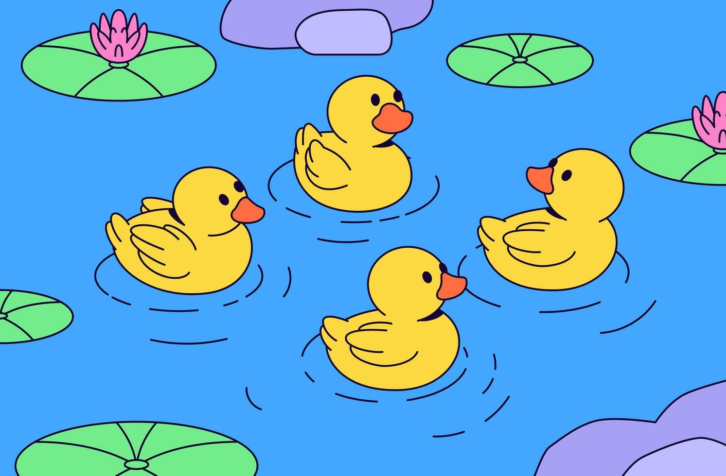 Ducks swimming in pond with lily pads cartoon illustration vector