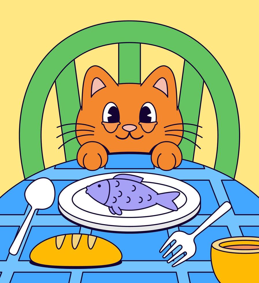 Orange cat sitting and eating fish bread at table and coffee drink cartoon illustration vector