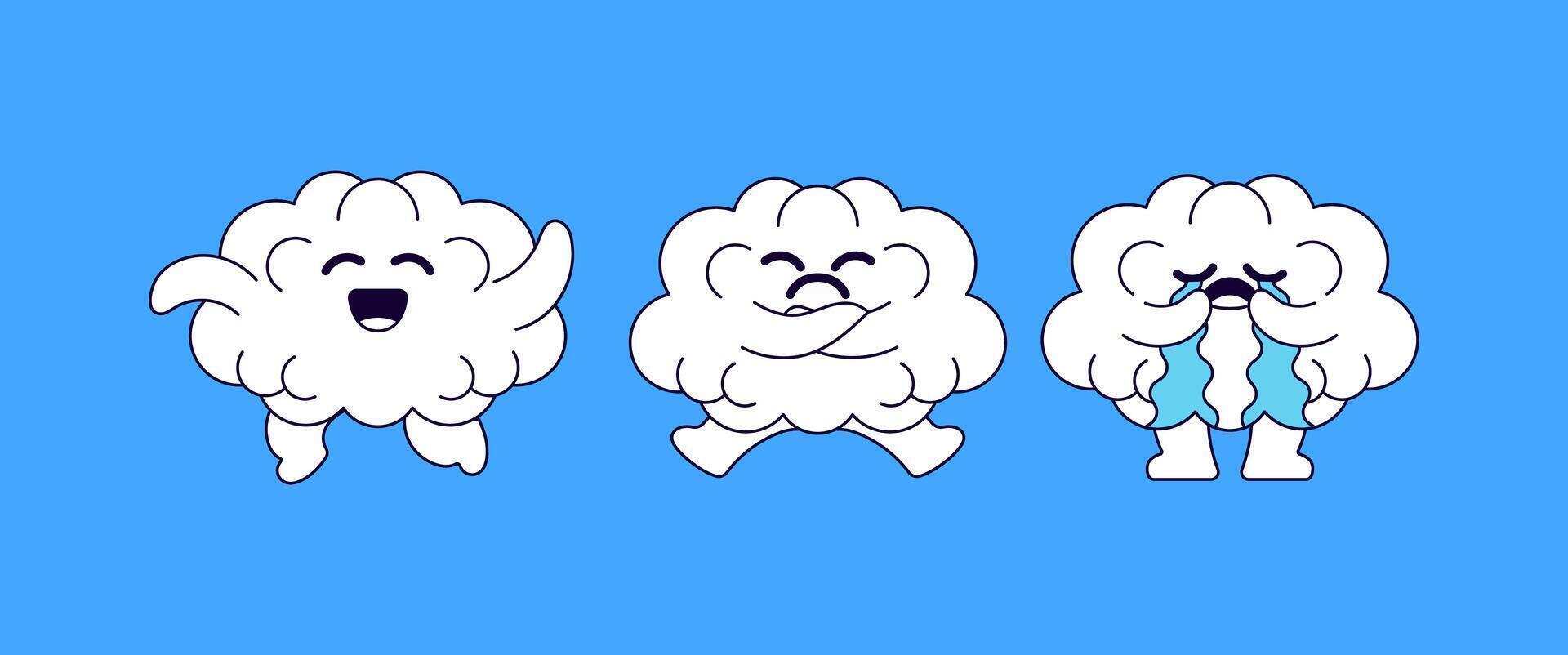 Clouds cartoon character expressing different emotions hand drawn illustration vector