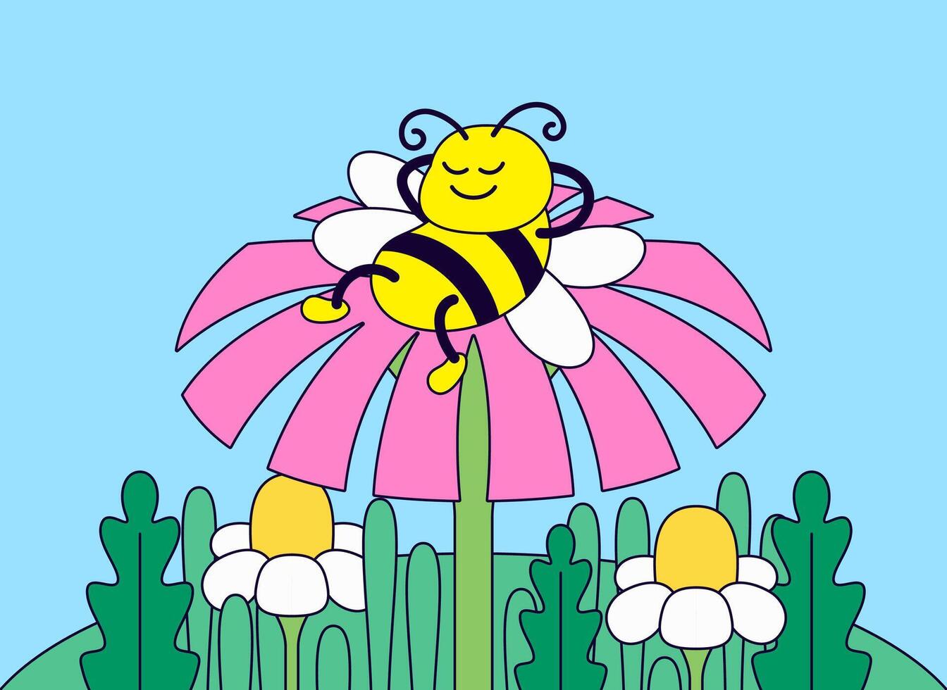 Bee relaxing on a flower cartoon illustration vector