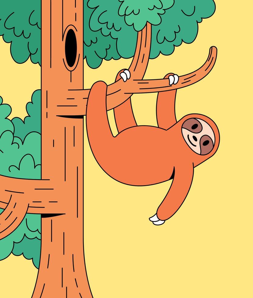 Sloth hanging from a tree branch cartoon illustration hand drawn vector