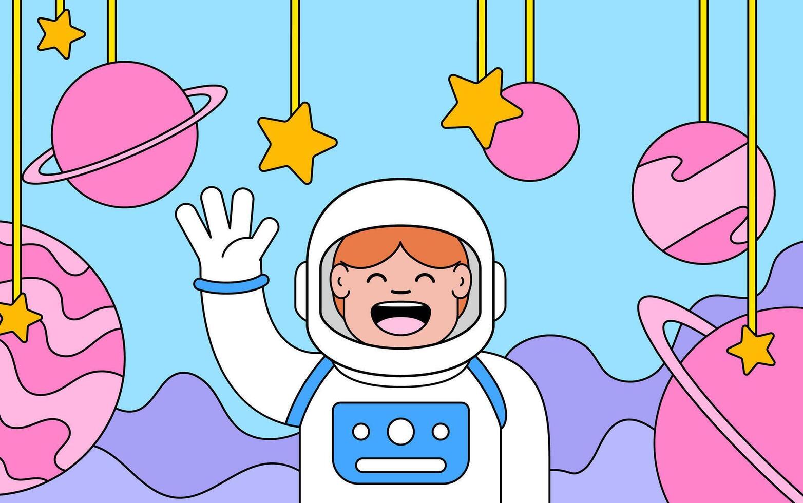 Astronaut waving in space cartoon illustration vector