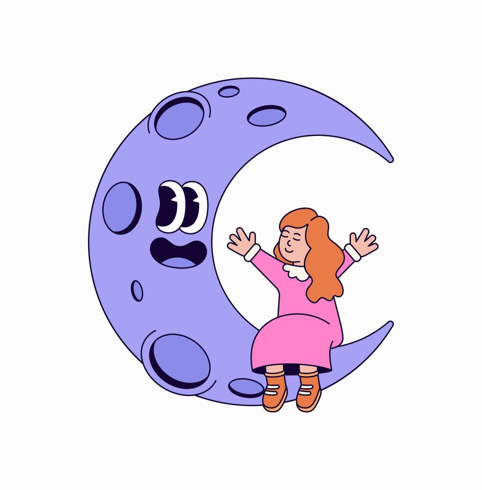 Girl sitting on a smiling moon cartoon illustration vector