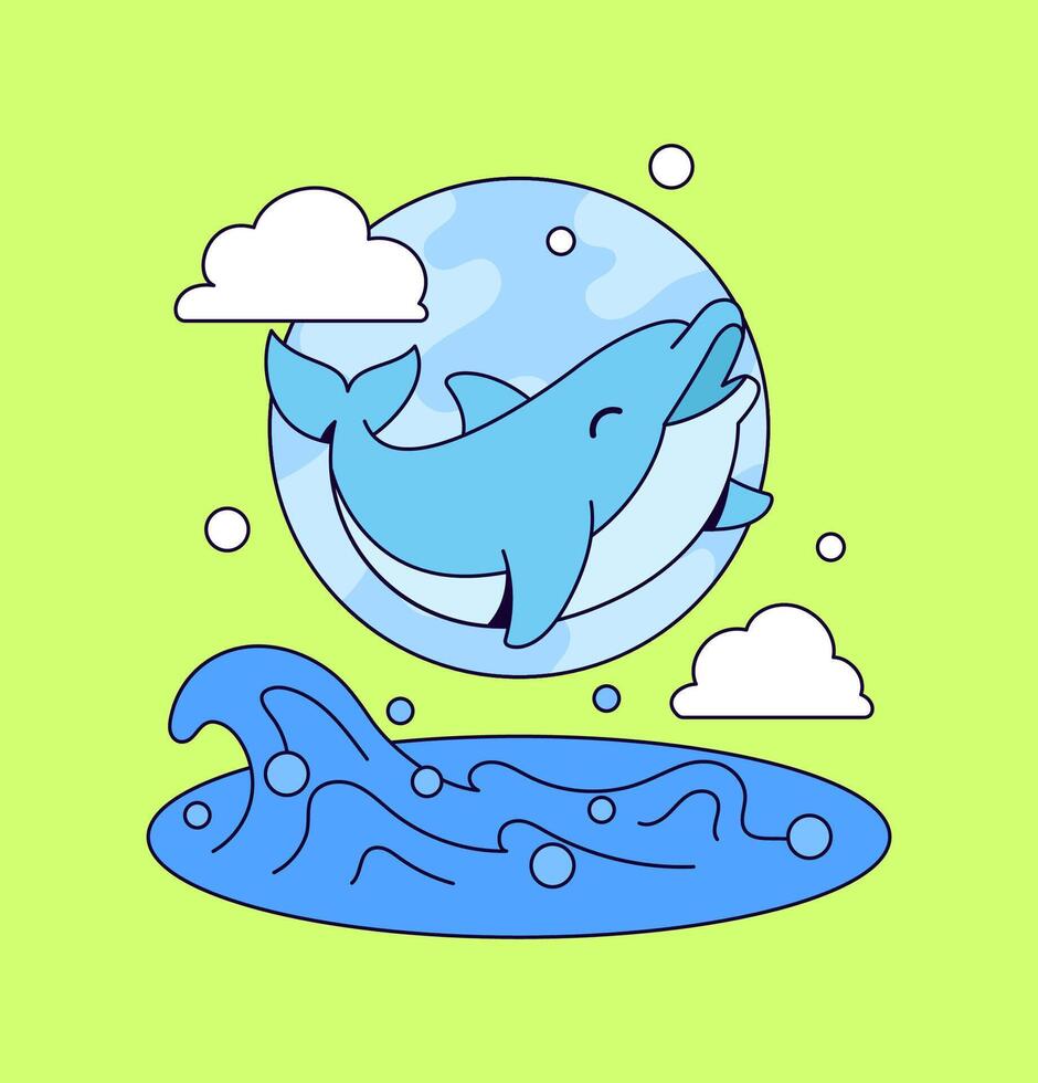 Dolphin jumping through the waves hand drawn illustration vector