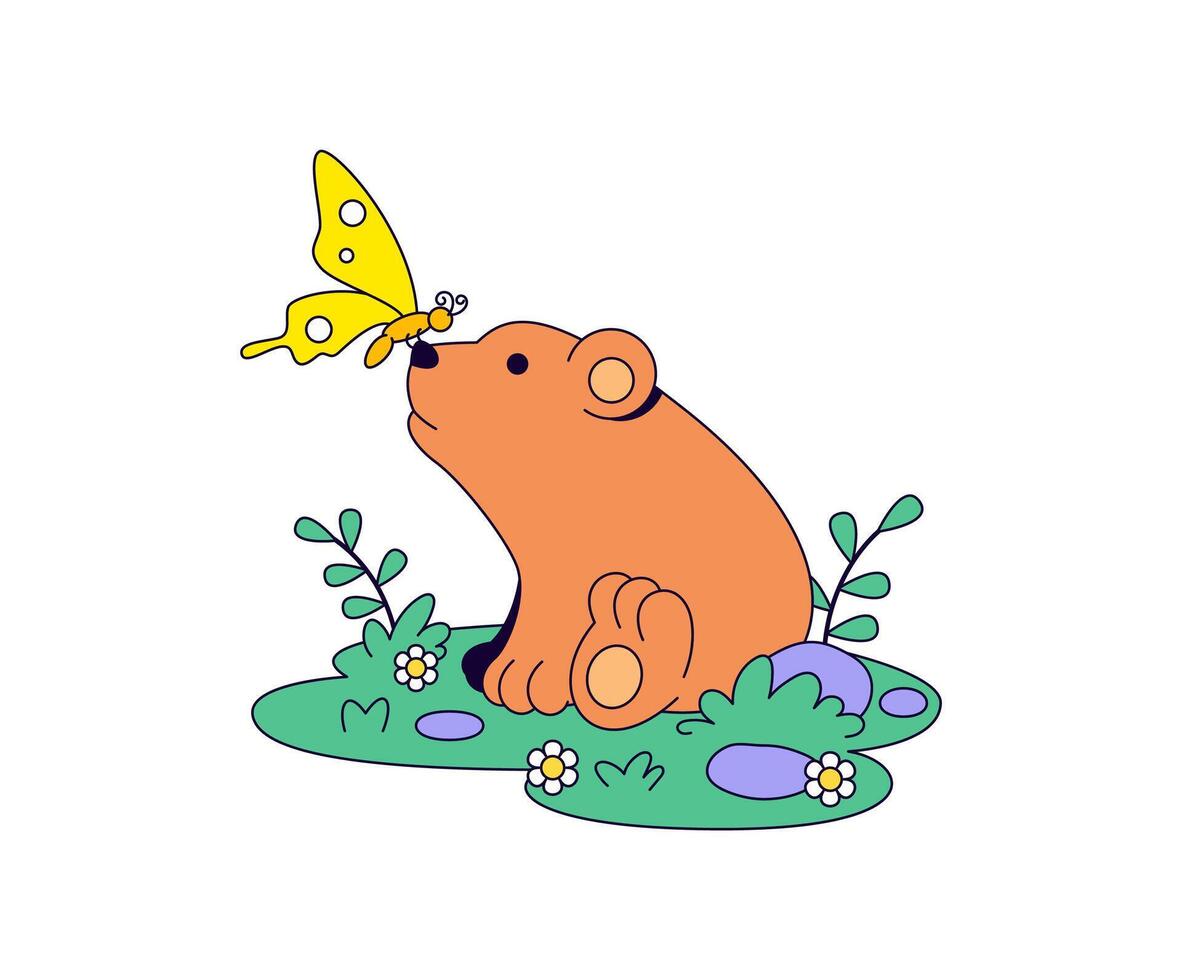 Bear with butterfly cartoon illustration hand drawn vector